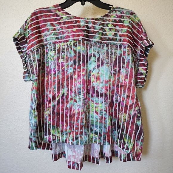 Soft Surroundings Red & Green Abstract Print Striped Short Sleeve Blouse S - Picture 1 of 4